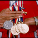 View of Florence Griffith-Joyner’’s medals won at the Summer Olympic Games in Seoul, South Korea.